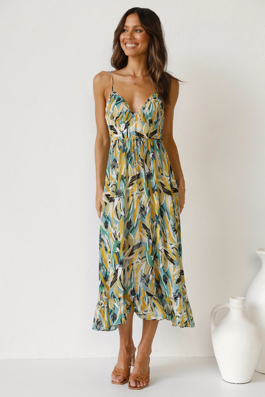 New Women's Printed Ruffle Sleeveless Dress