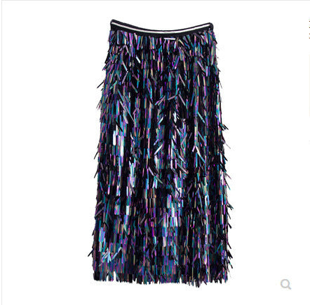 High waist sequin fringed mesh skirt