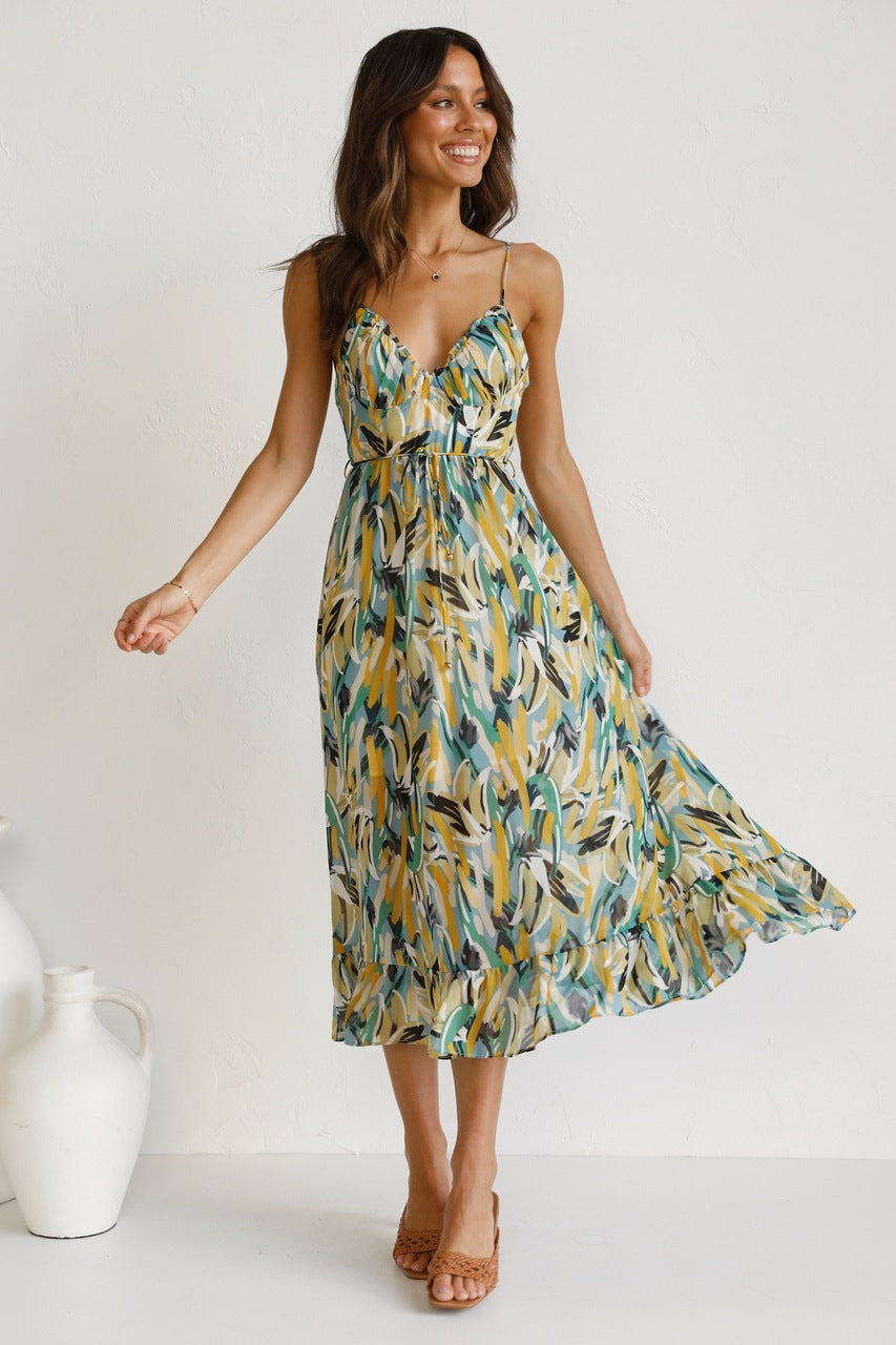 New Women's Printed Ruffle Sleeveless Dress