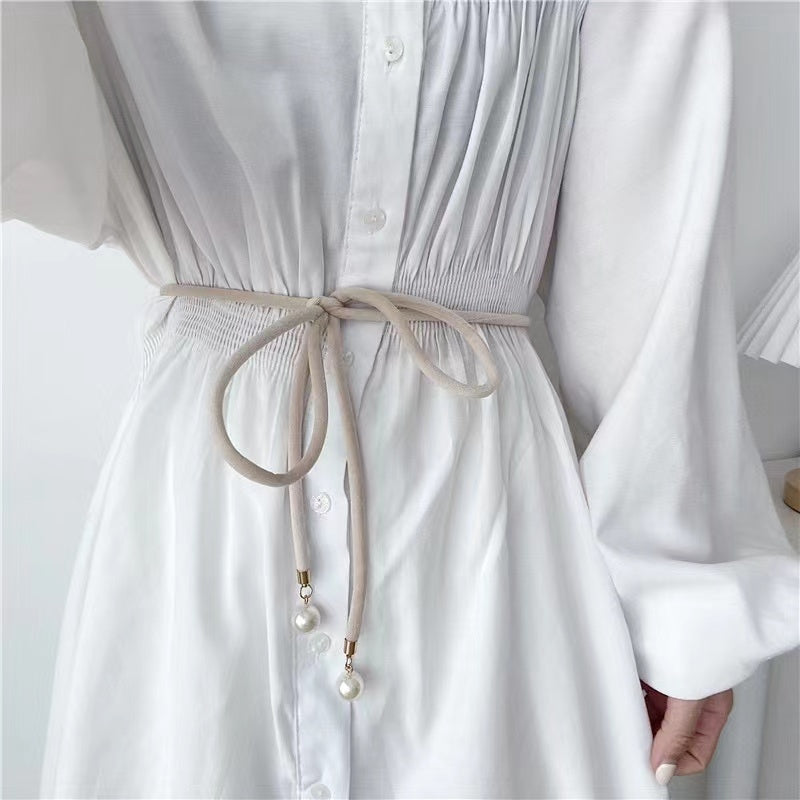 Simple Lady Velvet Bow Thin Waist With Pearl Pendant Multi-color Cute Sweet Waist Belt Chain