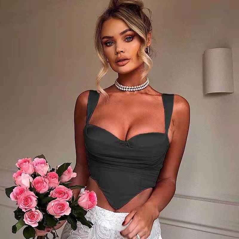 Women's Sexy Mesh Gauze Folds Exposed Umbilical Short Outer Wear Camisole Women