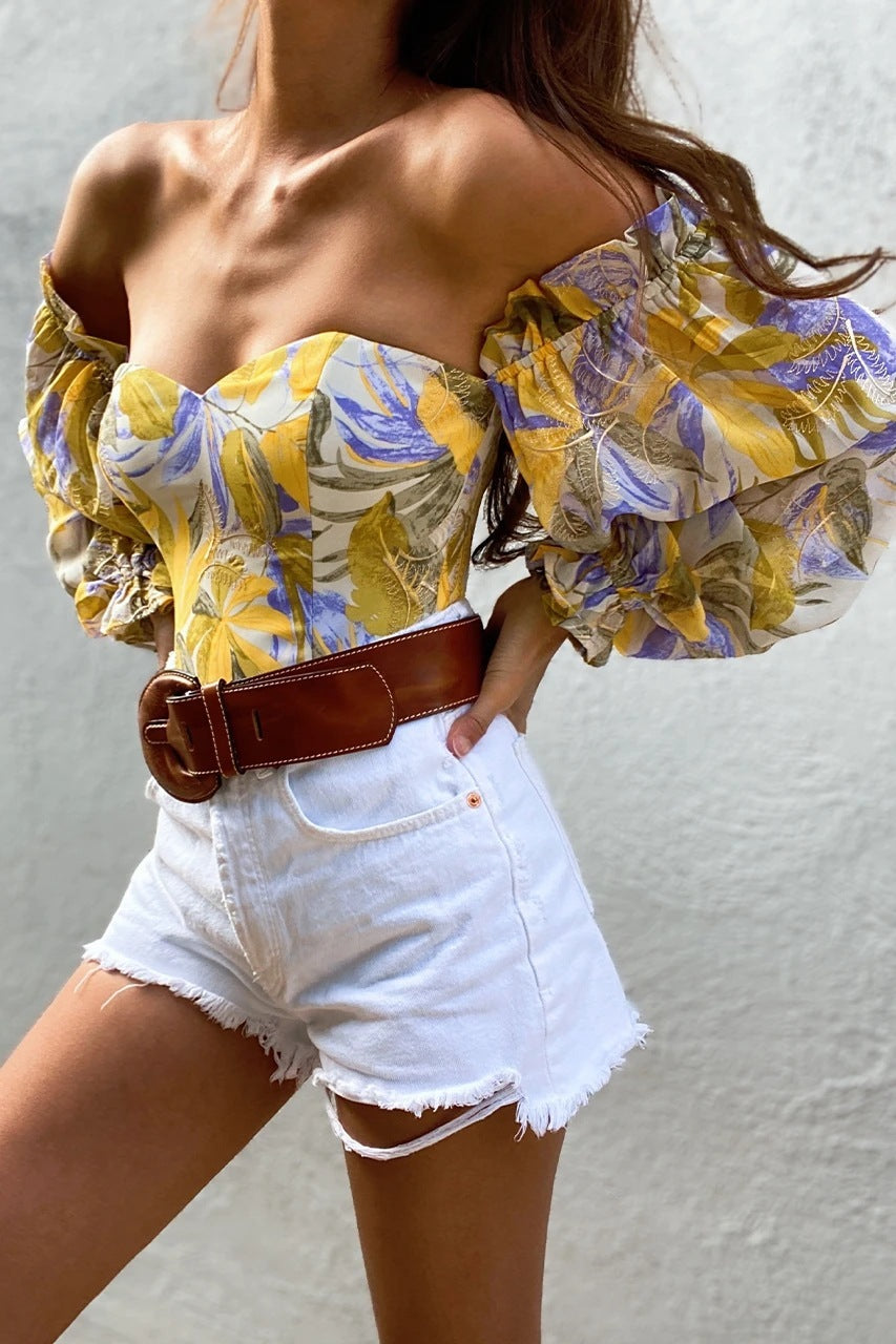 Sexy Off-shoulder Wrapped Chest Printed Lantern Sleeve Chiffon Shirt Blouse
