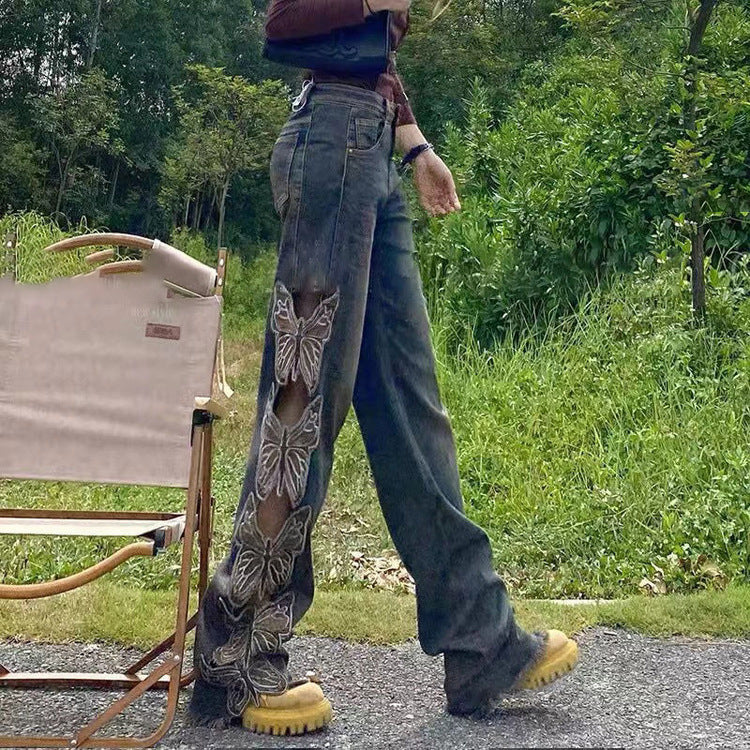 Fashion Jeans Women's Retro High Waist Embroidered Loose Hole Mopping Butterfly Hollow Out Wide Leg Trousers