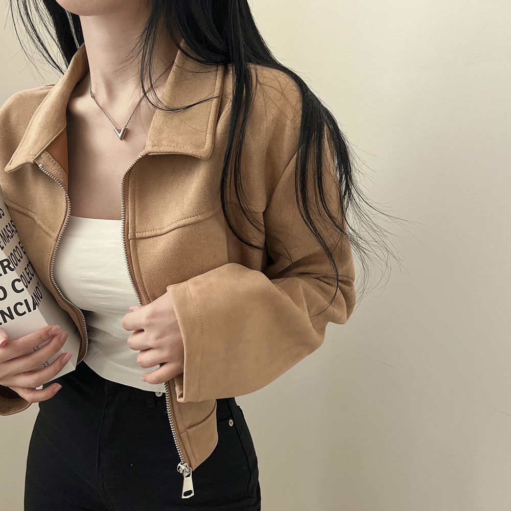 Retro Simple Pure Color Slimming Versatile Zipper Lapel Suede Fabric Jacket