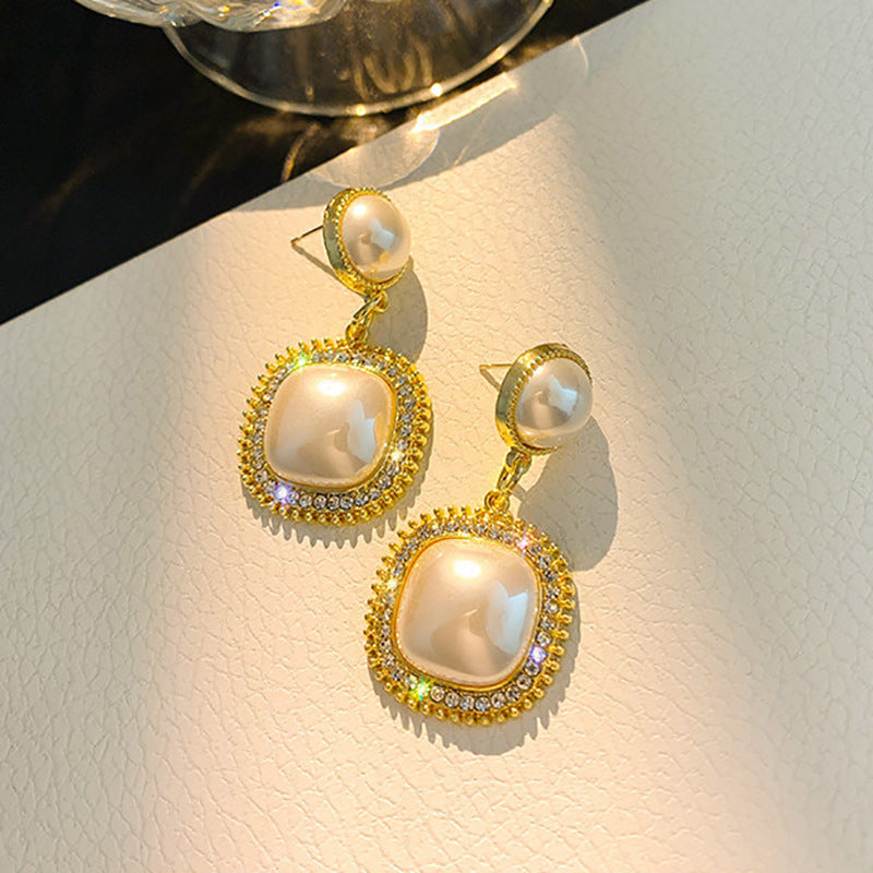 Square Pearl Earrings Temperament All-match Diamond Geometric Women