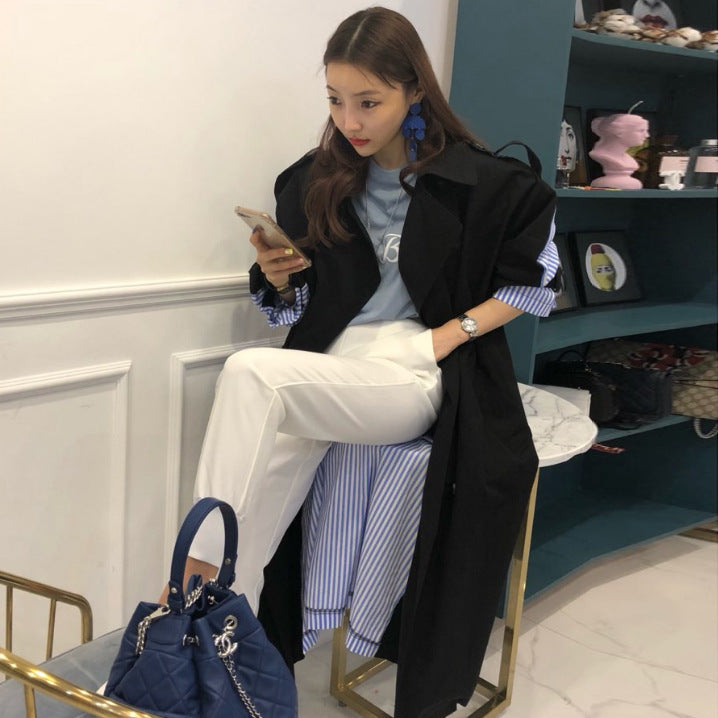 Lapel tie striped trench coat