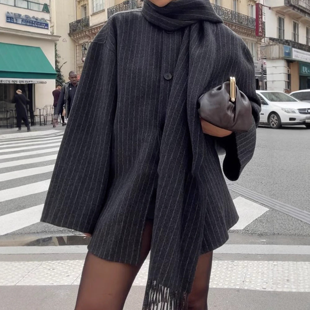 Stripe With Tassel Scarf Collar Blended Woolen Coat