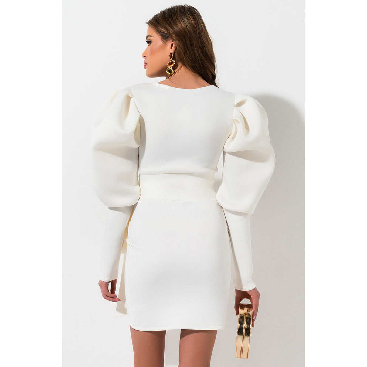 V-neck puff sleeve bow tie dress