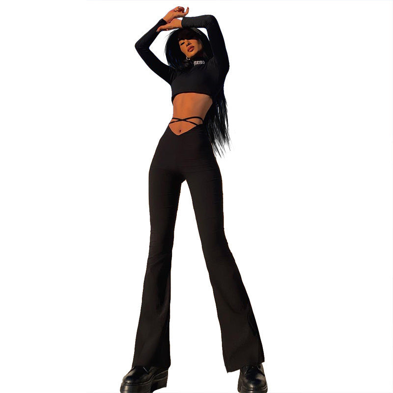 Women's V-Shaped Waist Cropped Navel Cross Strap Solid Color Flared Casual Pants