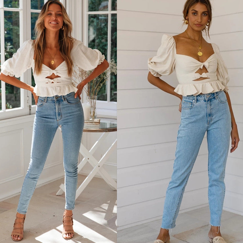 Bow Vintage Square Neck Puff Sleeve Shirt Cutout