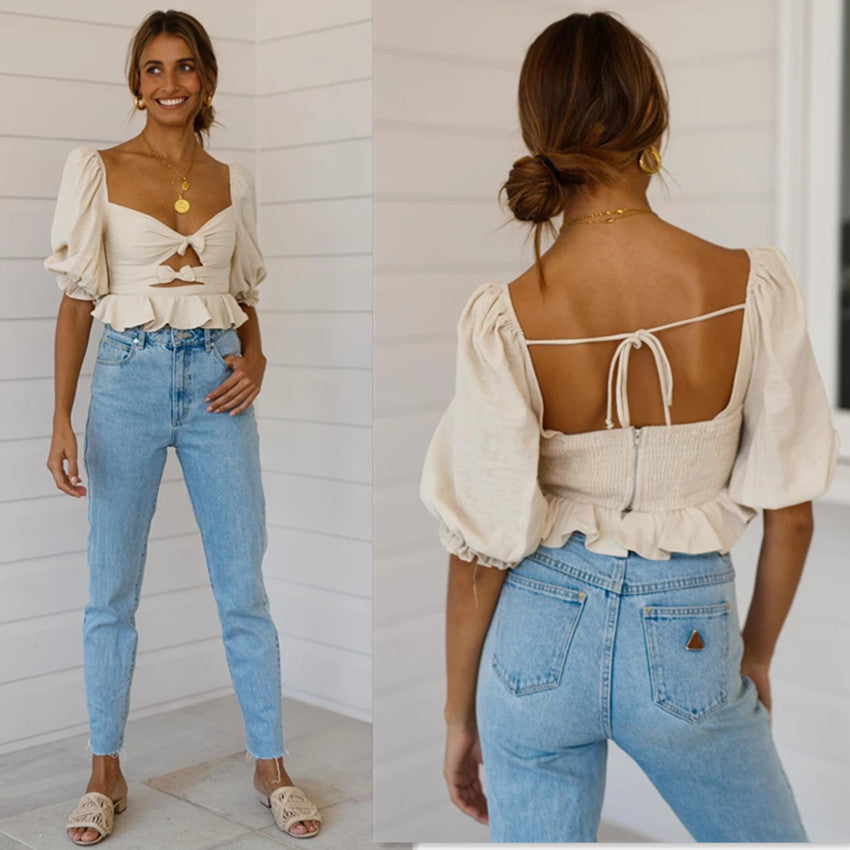 Bow Vintage Square Neck Puff Sleeve Shirt Cutout