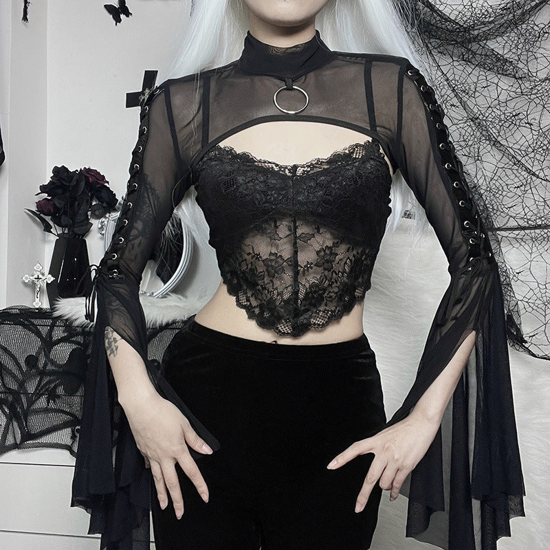 Women's Mesh Flared Sleeves Dark Style Long-sleeved Blouse