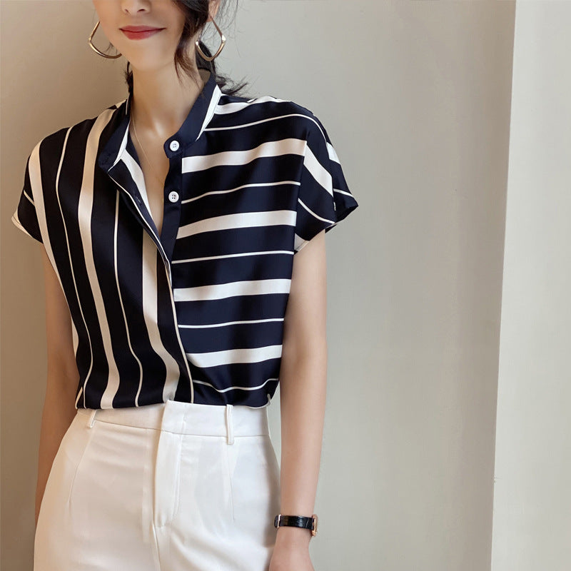 Women's Irregular Stripe Chiffon Short Sleeve Shirt