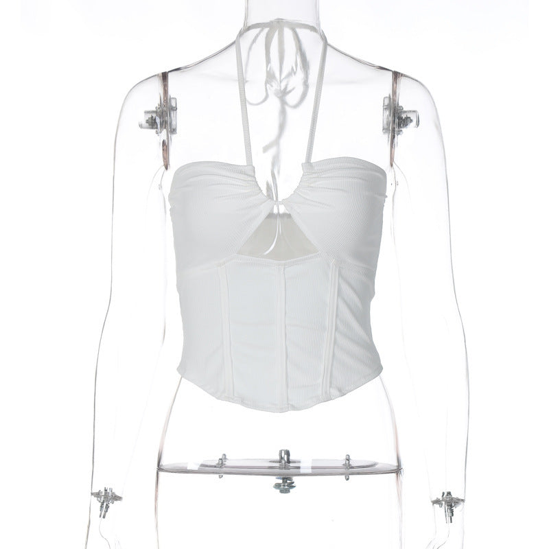 One-line Neck Hanging Neck Lace-up Small Vest Solid Color Top