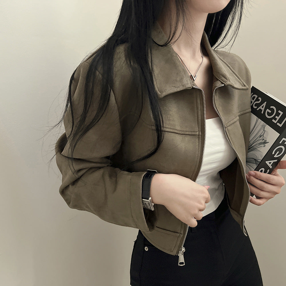 Retro Simple Pure Color Slimming Versatile Zipper Lapel Suede Fabric Jacket