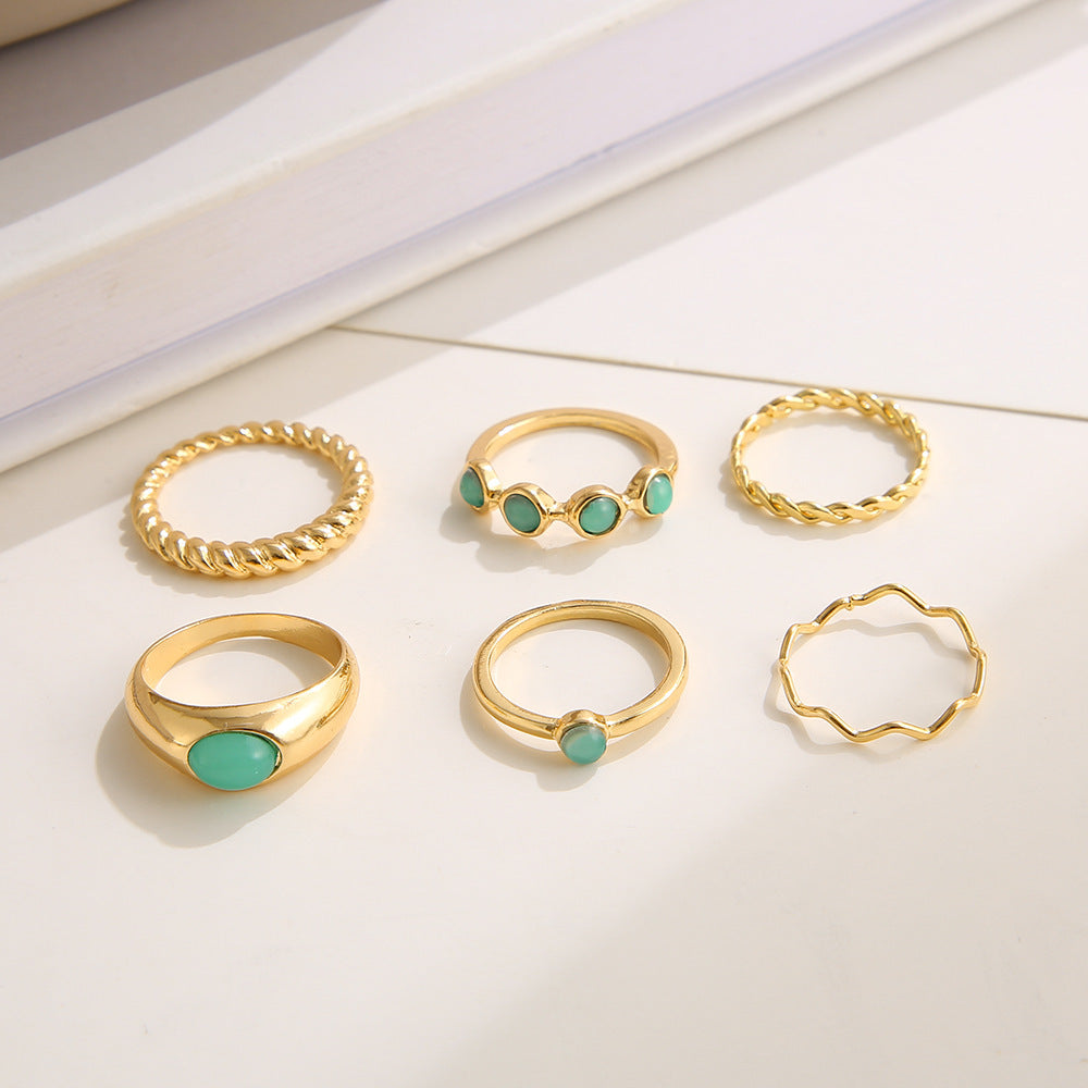 Boho Vintage Gold Geometric Emerald Statement Ring Set