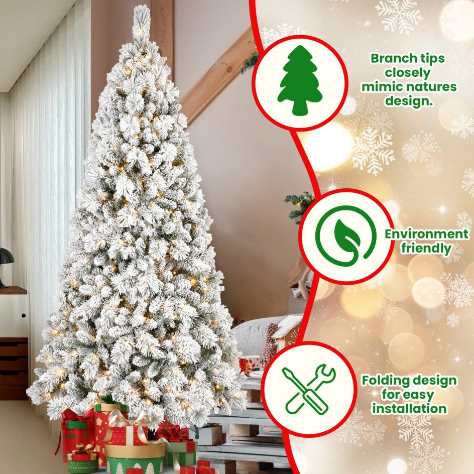 5-foot Velvet Christmas Tree With 250 Warm White LED Lights - 518 Tips, Snowy PVC And Stiff Needle Branches, Hinged Design For Easy Setup, Sturdy Metal Stand - Panoramic Realistic Holiday Tree
