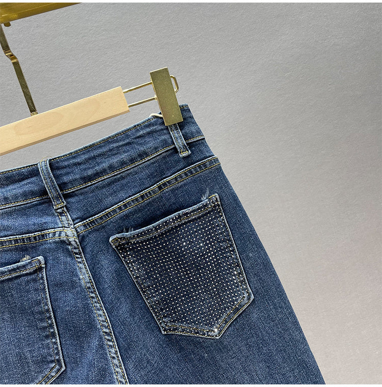 Loose Jeans Women's Cotton Elastic High Waist Slimming Hot Rhinestones