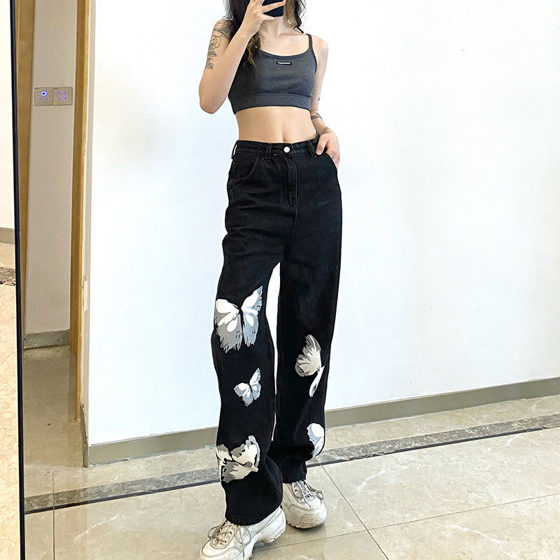 Women's New Butterfly Print High Waist Loose Jeans