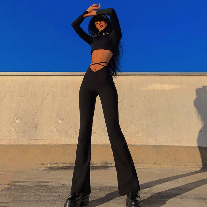 Women's V-Shaped Waist Cropped Navel Cross Strap Solid Color Flared Casual Pants