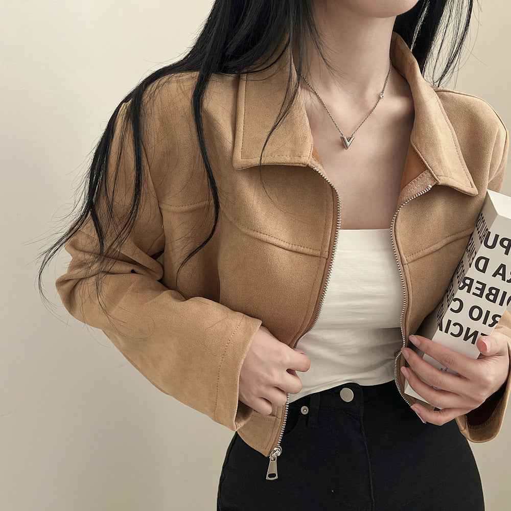 Retro Simple Pure Color Slimming Versatile Zipper Lapel Suede Fabric Jacket