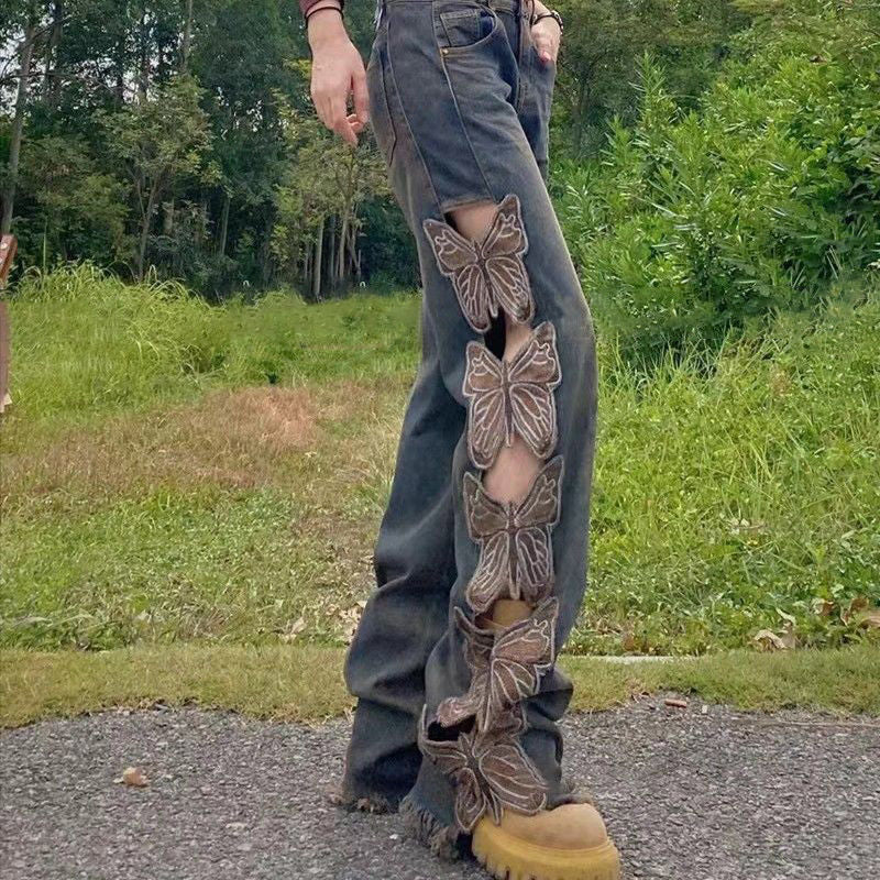 Fashion Jeans Women's Retro High Waist Embroidered Loose Hole Mopping Butterfly Hollow Out Wide Leg Trousers