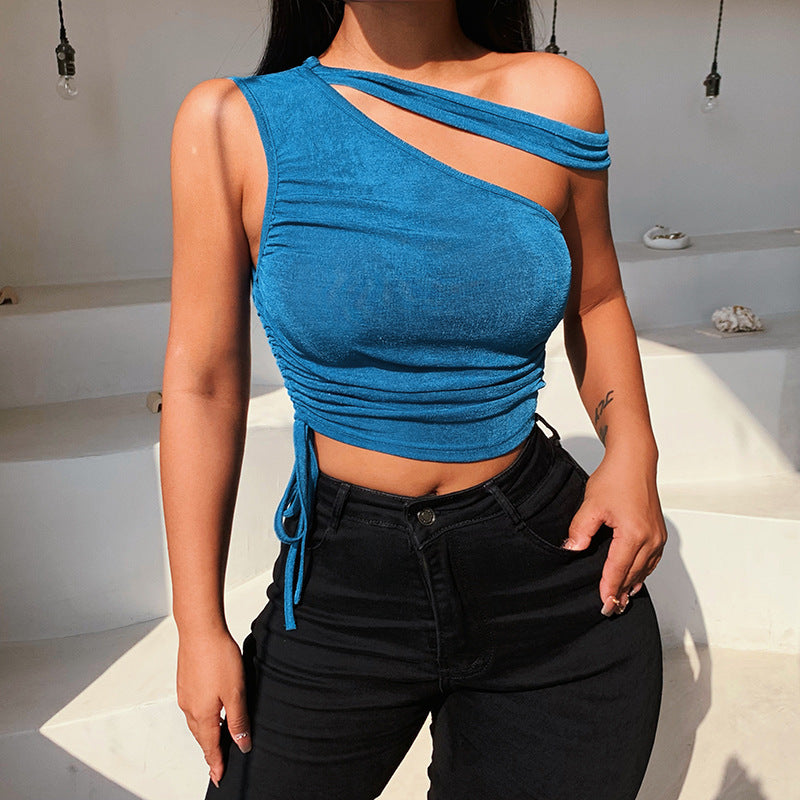 Cross Shoulder Gathered Top T-Shirt Neck Slim Tank Top
