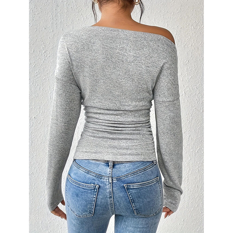 Women's Off The Shoulder Tops Long Sleeve T Shirts Going Out Tops Casual Trendy Ruched Slim Fitted Tees