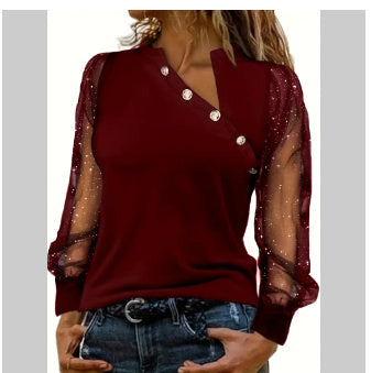 Women's Mesh Stitching Long Sleeves Top