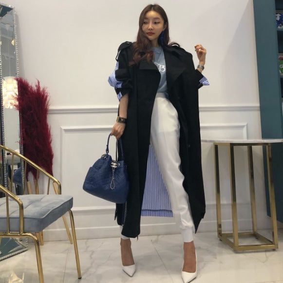 Lapel tie striped trench coat