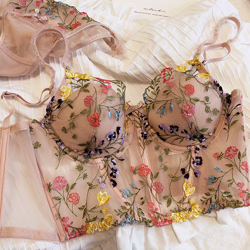French Embroidered Lace Mesh Rabbit Ears Thin Underwire Set