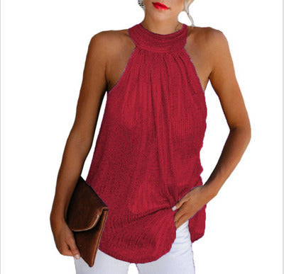 Hanging neck zipper sleeveless T-shirt casual top