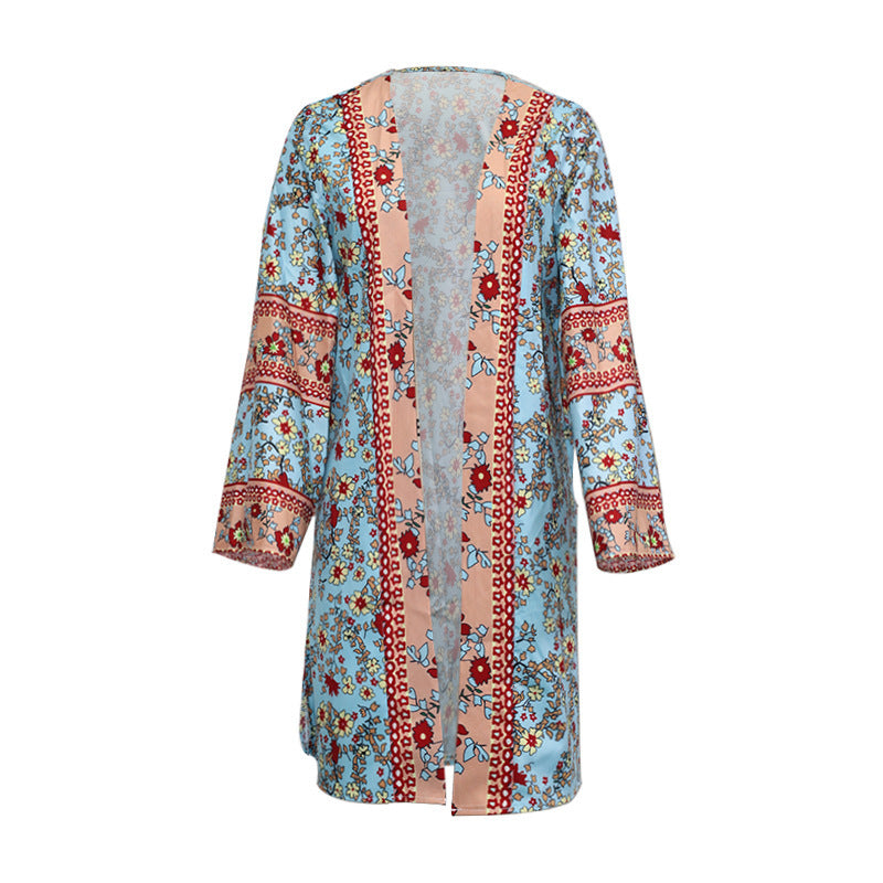 Women's Loose Boho Long Sleeve Printed Midi Cardigan