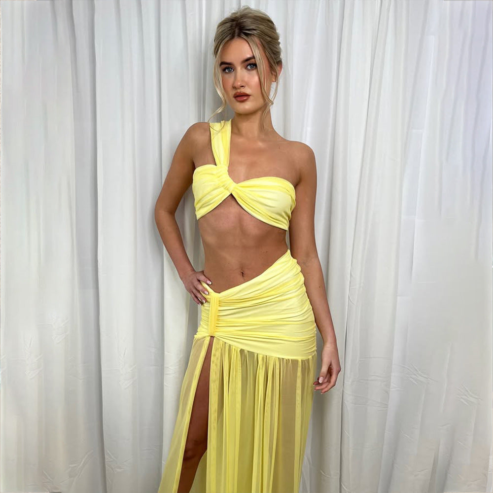 Mesh One-shoulder Top Two-piece Set Sexy Slit Pleated Dress Suit