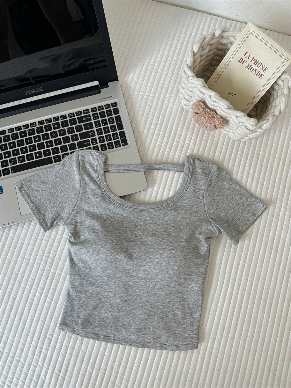 Hollow-out Cross Backless Tight Belt Chest Pad All-matching Round Neck T-shirt