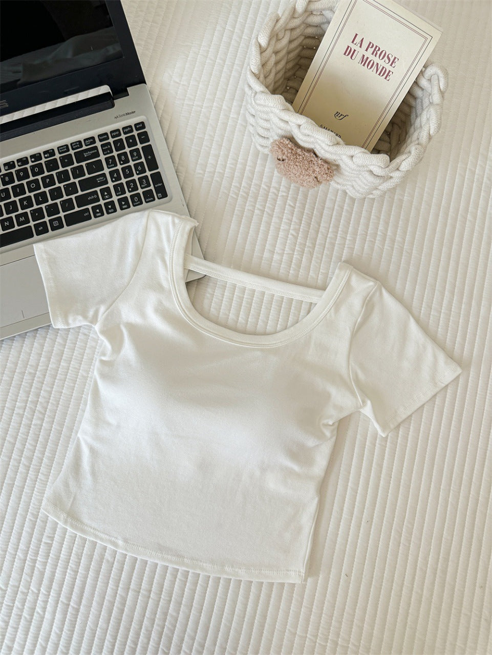 Hollow-out Cross Backless Tight Belt Chest Pad All-matching Round Neck T-shirt