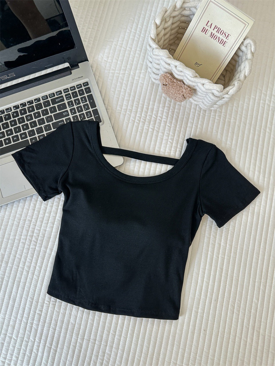 Hollow-out Cross Backless Tight Belt Chest Pad All-matching Round Neck T-shirt