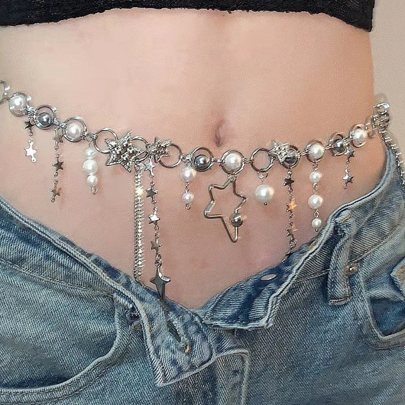 XINGX Pearl Tassel Necklace Waist Chain For Women