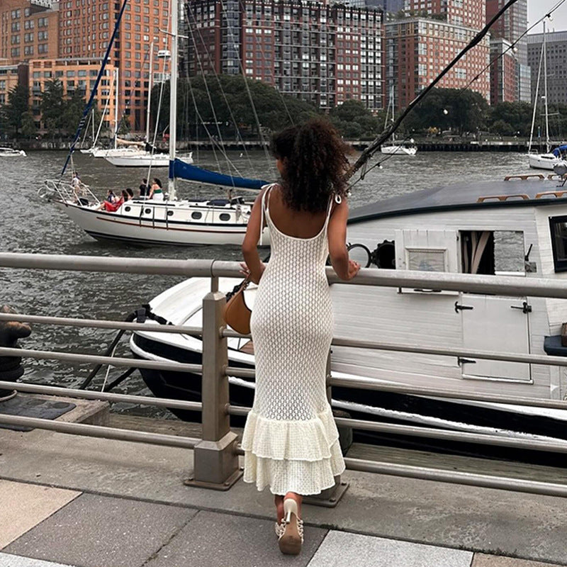 Beach Knitted Sling Tiered-Ruffle Long Dress Women