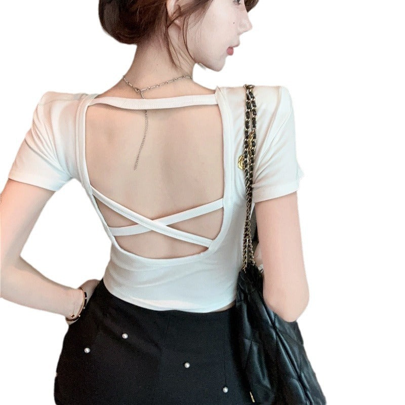 Hollow-out Cross Backless Tight Belt Chest Pad All-matching Round Neck T-shirt