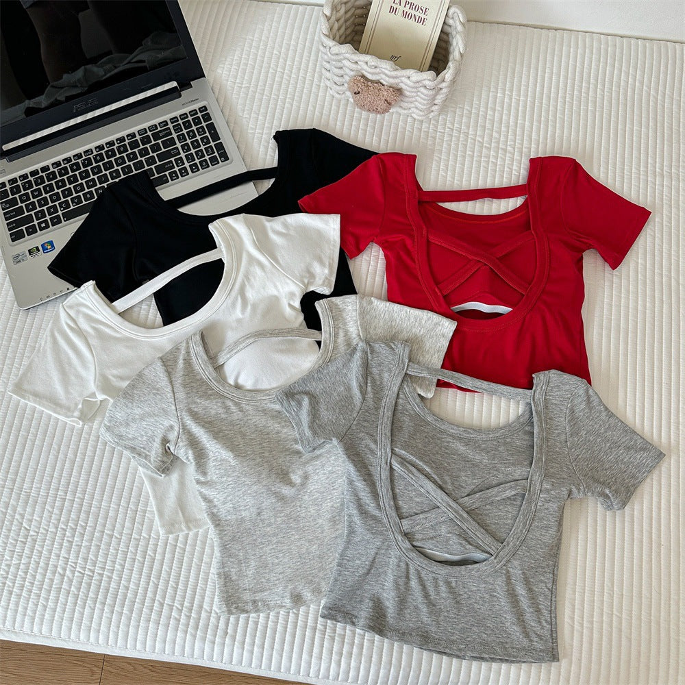Hollow-out Cross Backless Tight Belt Chest Pad All-matching Round Neck T-shirt