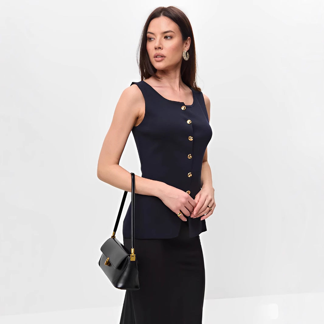 Metal Buckle Slit Knitted Vest Slim Fit Vest Foreign Trade Tup Cardigan