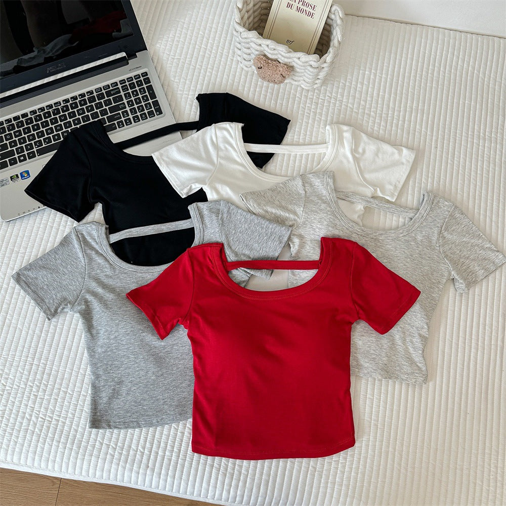 Hollow-out Cross Backless Tight Belt Chest Pad All-matching Round Neck T-shirt