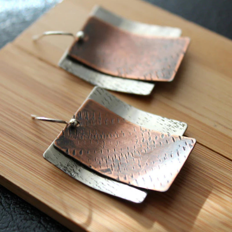 Boho Curved Two-tone Hammered Pendant Earrings