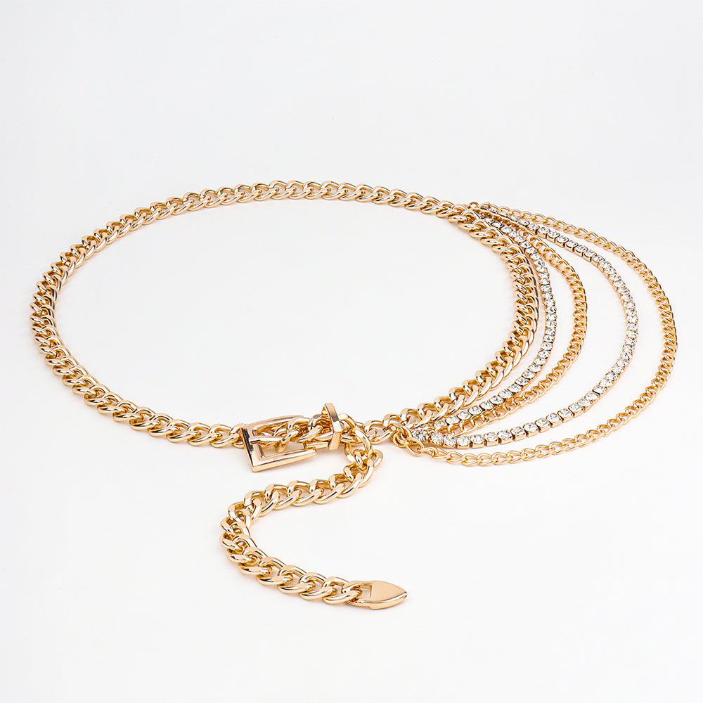 Waist Chain Women Personality Pin Buckle Chain Belt Adornment Dress Gold Hollow Rhinestone Multi-layer Waist Seal All Match