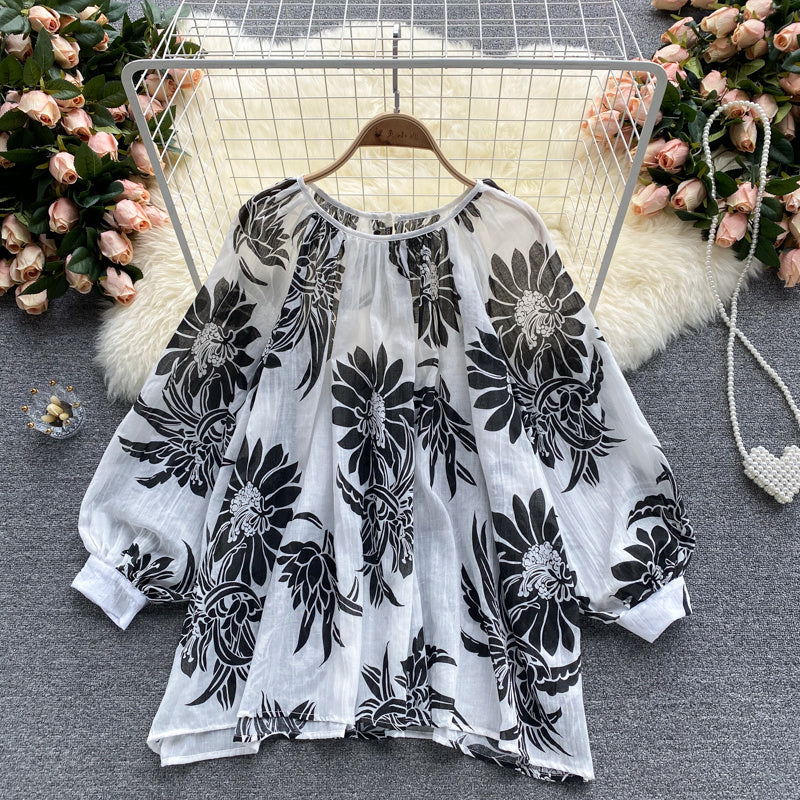 Ins Holiday Style Pullover Shirt Women Western Style Puff Sleeves