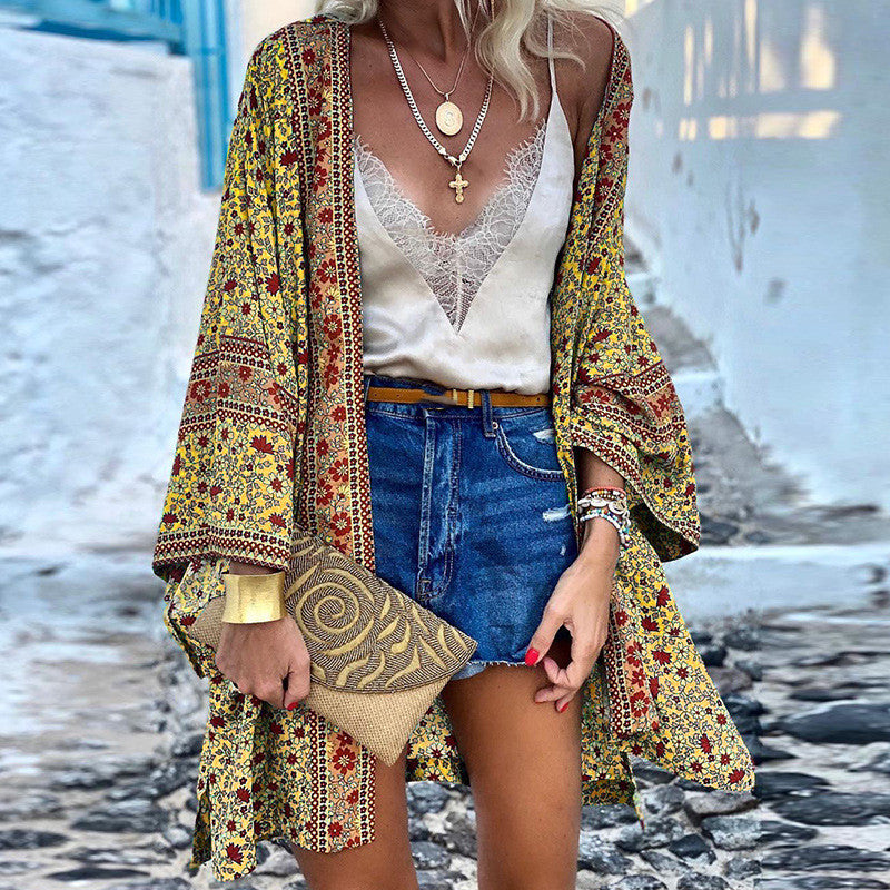 Women's Loose Boho Long Sleeve Printed Midi Cardigan