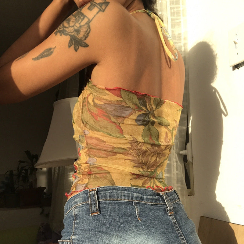 Vintage Printed Mesh Lace-Up Cropped Bandeau Top