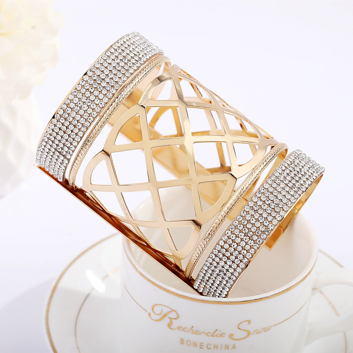 Iron Leather With Diamonds Personality Hollow Super Wide Bracelet