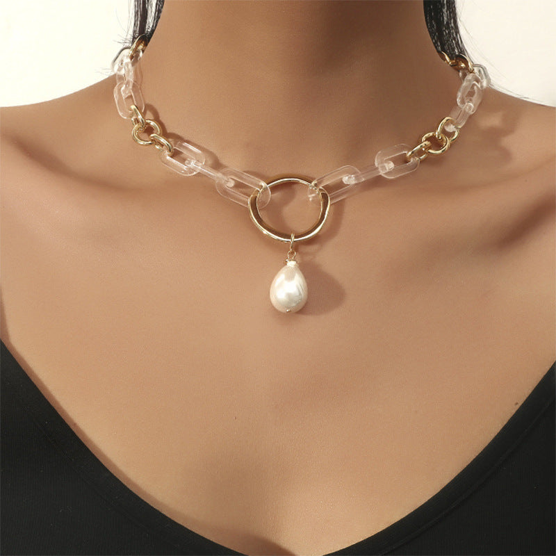 Stitched Pearl Pendant Short Necklace